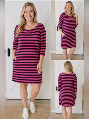 Lilly Pulitzer XL Pink & Navy Striped Dress 3/4 Sleeve Cotton Casual Shift